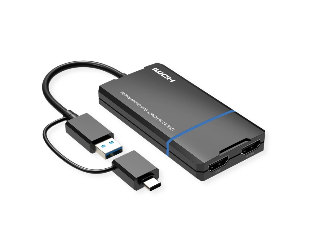 VALUE USB Display Adapter, USB Typ A+C - 2x HDMI