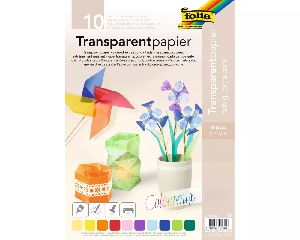 Folia Transparentpapier A4, 115 g/m², 10 Stück, Farbig sortiert