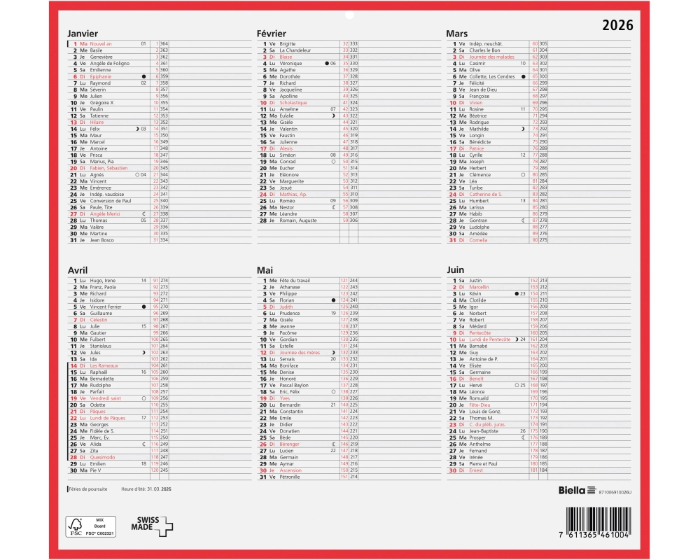 BIELLA Wandkalender 2026 871006910026U 6M/1S rot/weiss FR 32x29.7cm