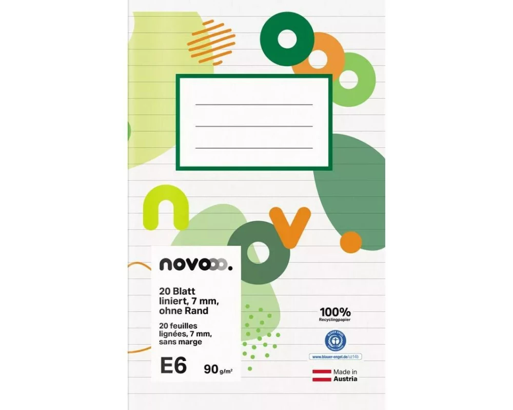 novooo. Schulheft E6, 7 mm liniert ohne Rand 90 g 25 Stück