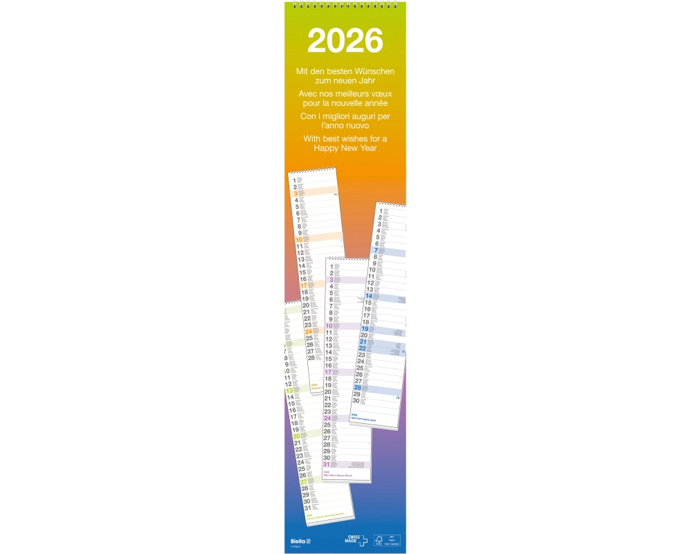 BIELLA Wandkalend. Longus Wire-O 2026 889019000026U 1M/1S Wire-O ML 12x54.4cm