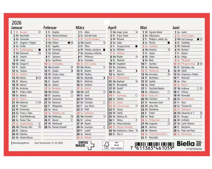 Biella Tafelkalender 16.5 x 11.5 cm, 6 Monate pro Seite