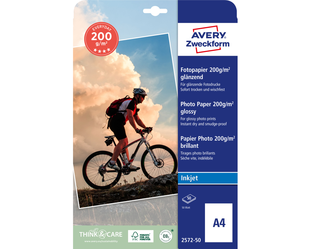 AVERY ZWECKFORM InkJet Fotopapier A4 2572-50 200g,glossy, weiss 50 Blatt