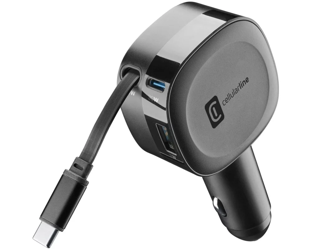 Cellular Line Car Charger einziehbares USB-C Kabel, 60 W, Schwarz