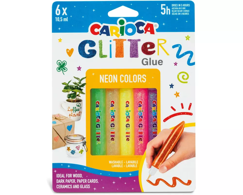 Carioca Glitzerstift Glitter Glue Neon 6 Stück, Mehrfarbig