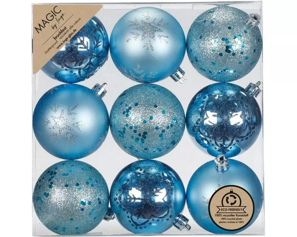 INGES CHRISTMAS DECOR Weihnachtskugel dekoriert, 6 cm Ozeanblau, 9 Stück