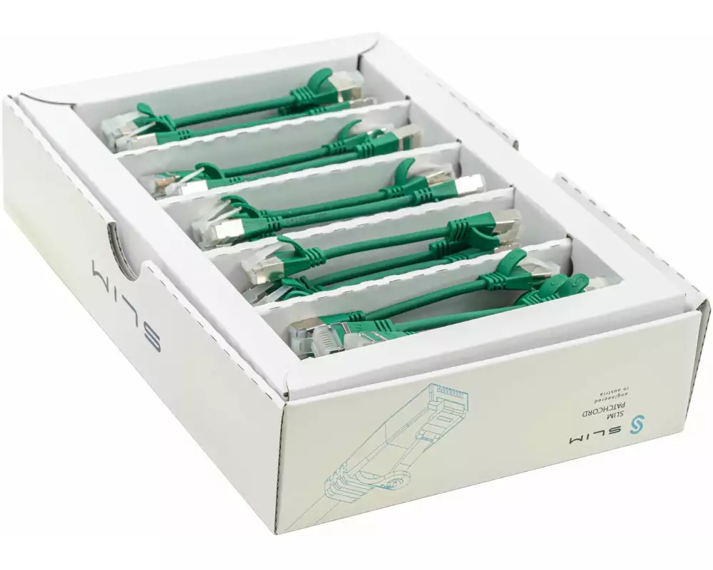 SLIM Slimpatchkabel RJ-45, Cat 6A, U/FTP, 0.1 m, Grün, 50-Pack