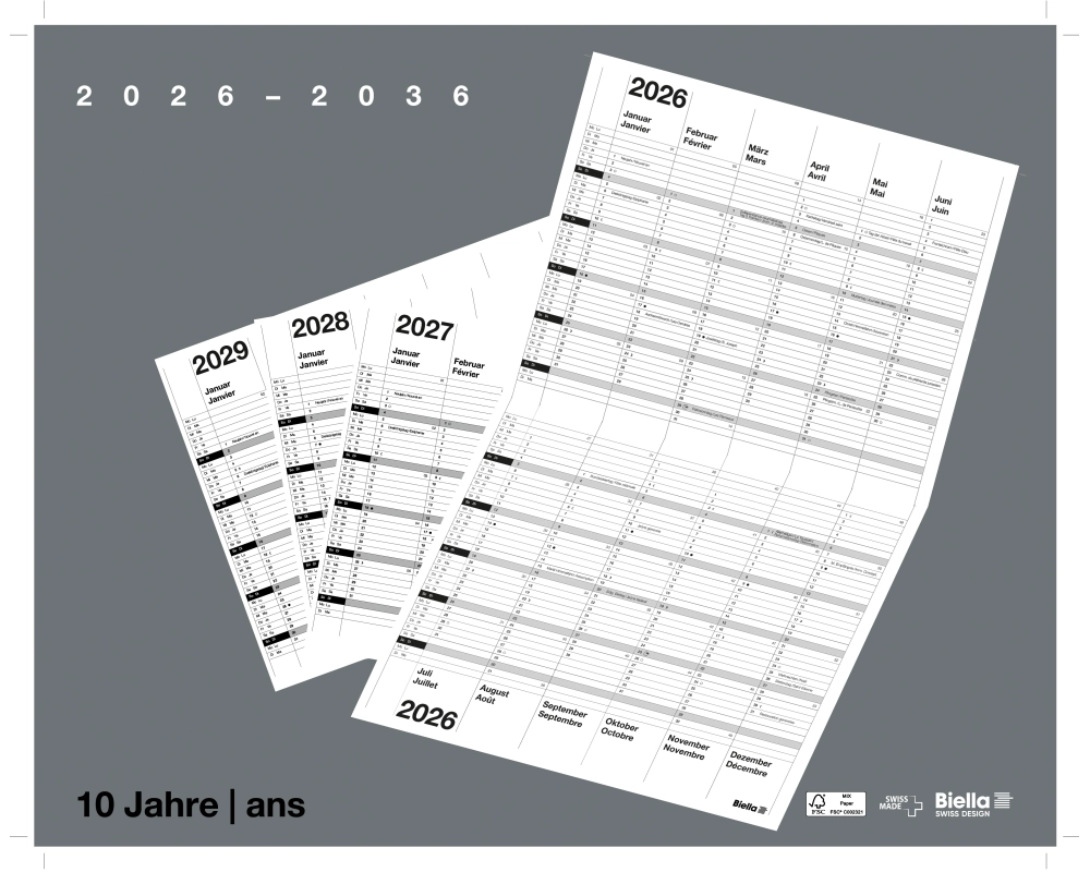 BIELLA 10-Jahreskalender Wire-O 2026 878310000026U 1J/2S grau DE/FR 30x24cm