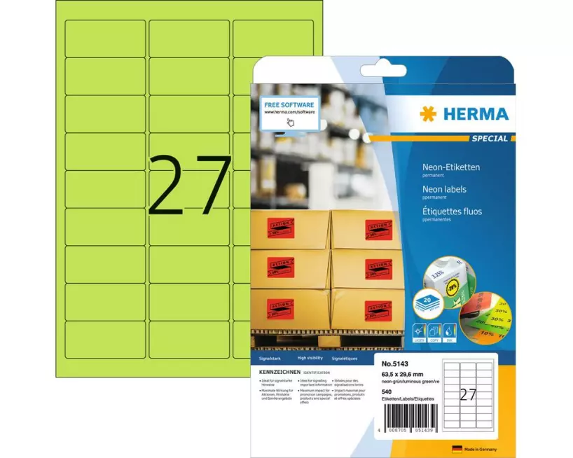 HERMA Neonetiketten A4 63.5 x 29.6 mm, Neon-Grün, 540 Stück
