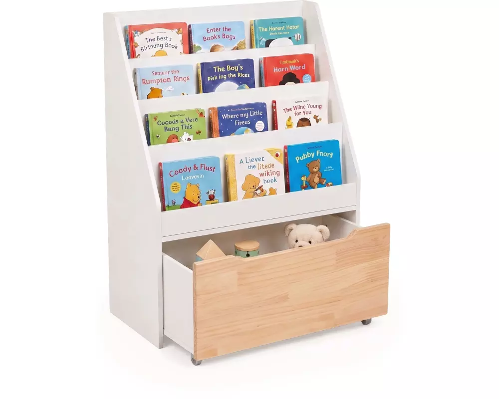 relaxdays Kinderzimmerregal mit Spielzeugkiste, Weiss / Natur