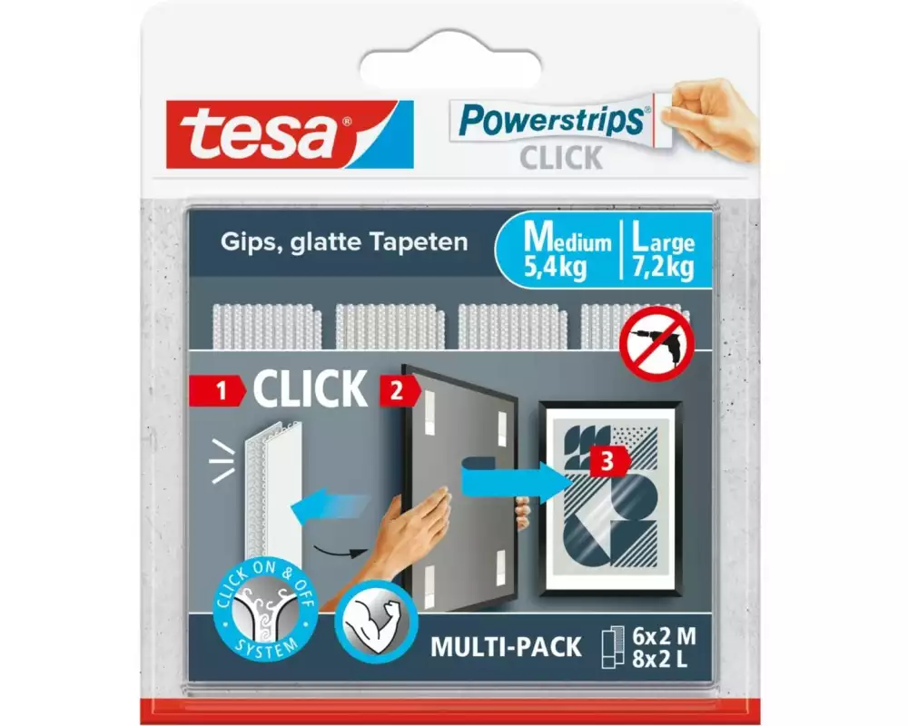 tesa Montagestreifen Powerstrips CLICK 6 Paar M, 8 Paar L