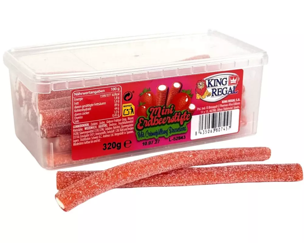 King Regal Gummibonbons Mini Erdbeerstifte bezuckert 320 g