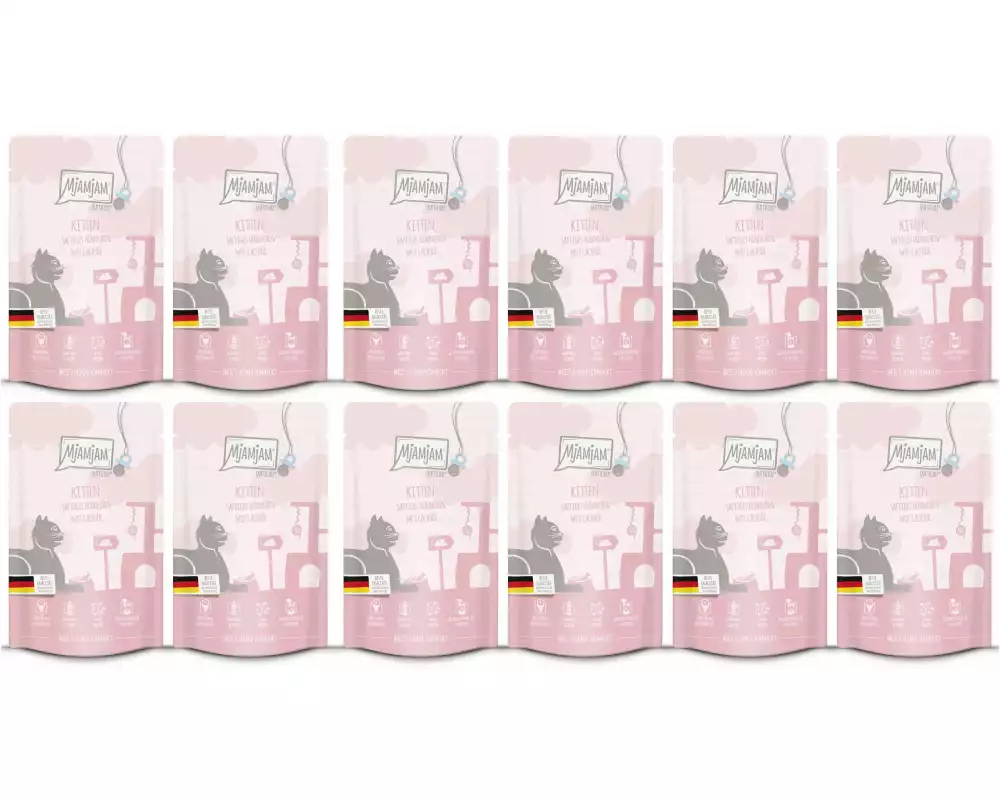 Mjamjam Nassfutter Quetschie Kitten Huhn mit Lachsöl, 12 x 125 g