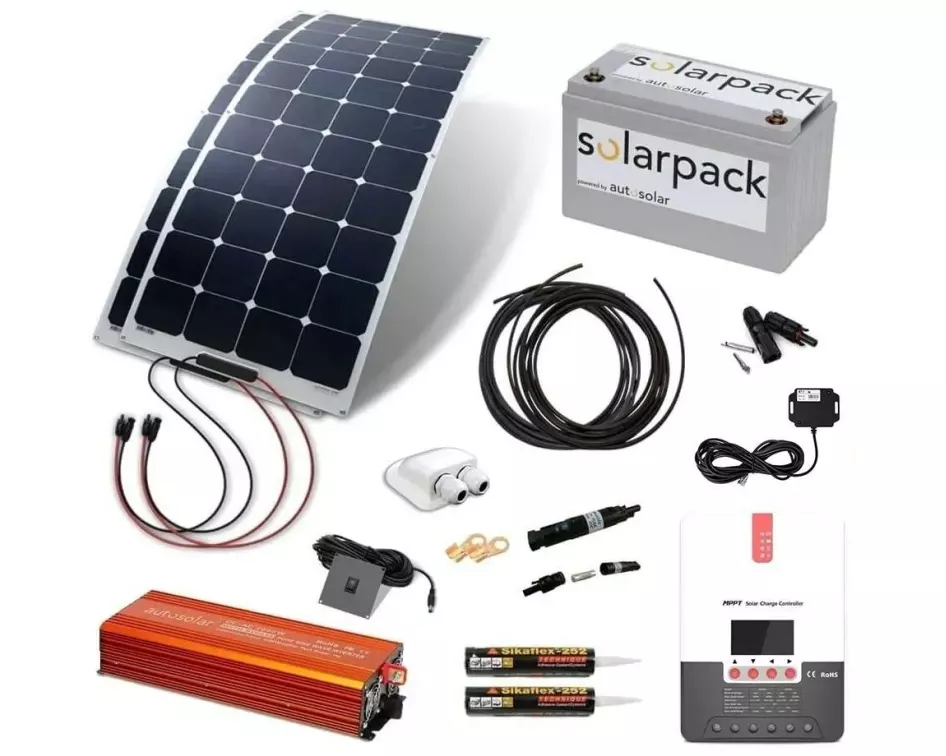 autosolar Inselanlage 320 W mit Wechselrichter und 105 Ah Batterie