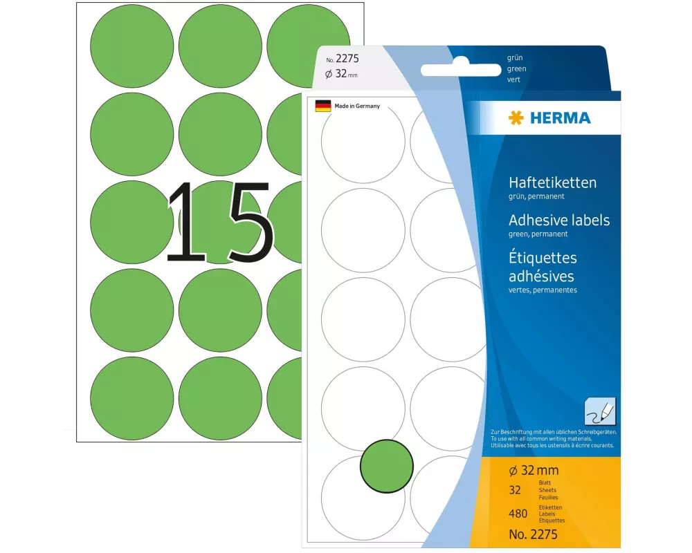 HERMA Vielzweck-Etiketten 2275 Grün Ø 32 mm, 32 Blatt
