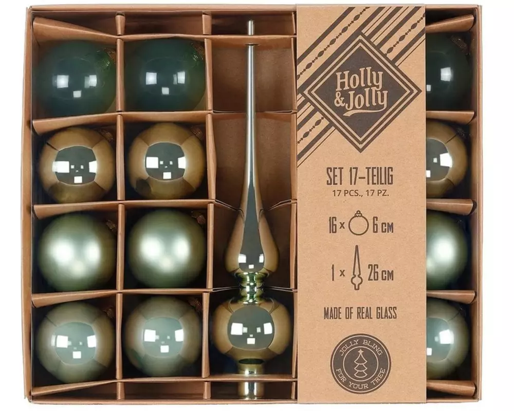 Holly & Jolly Weihnachtskugel Mild Sage 17 Stück, 6cm – mit Spitze
