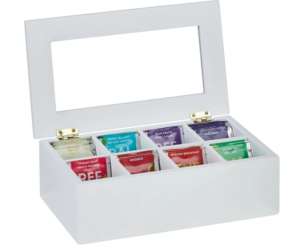 relaxdays Teebeutel-Box 8 Fächer, Transparent/Weiss