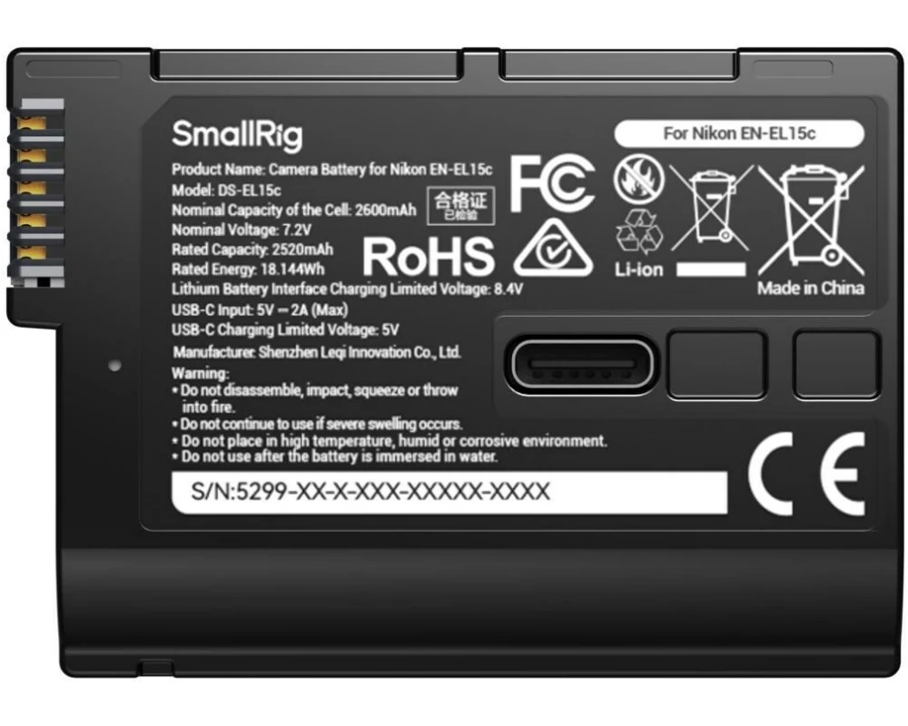 Smallrig Digitalkamera-Akku USB-C mit Power Display für EN-EL15c
