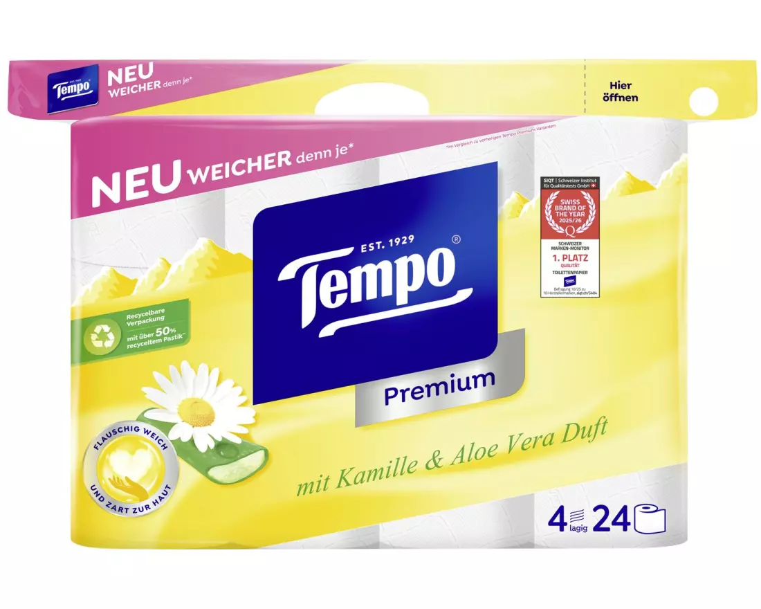 Tempo Toilettenpapier Premium Kamille Rollen, 4-lagig, Weiss