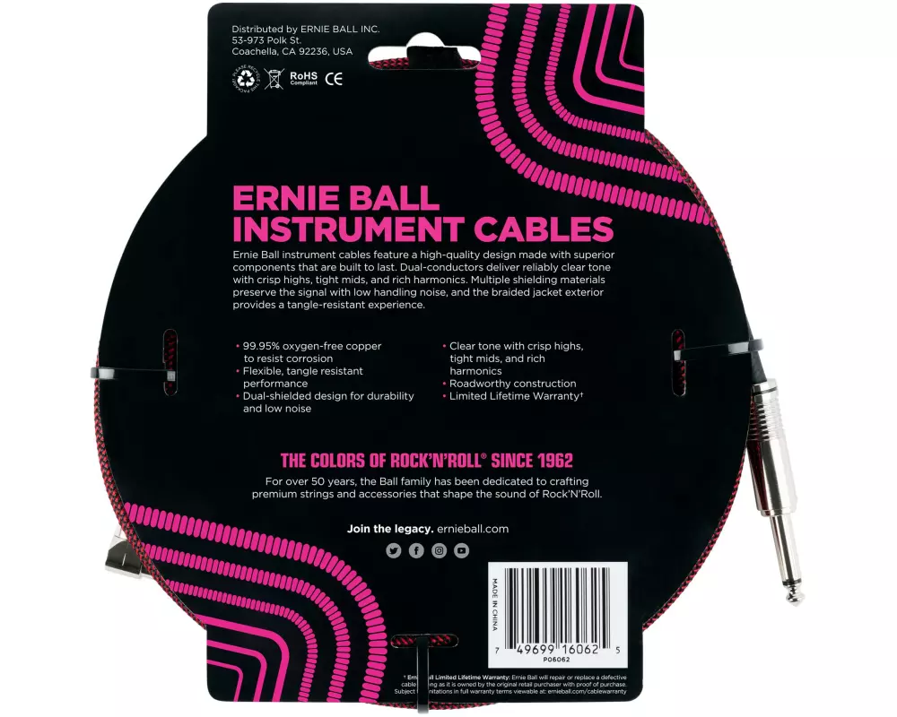 Ernie Ball Instrumentenkabel 6062 – 7.62 m, Rot/Schwarz