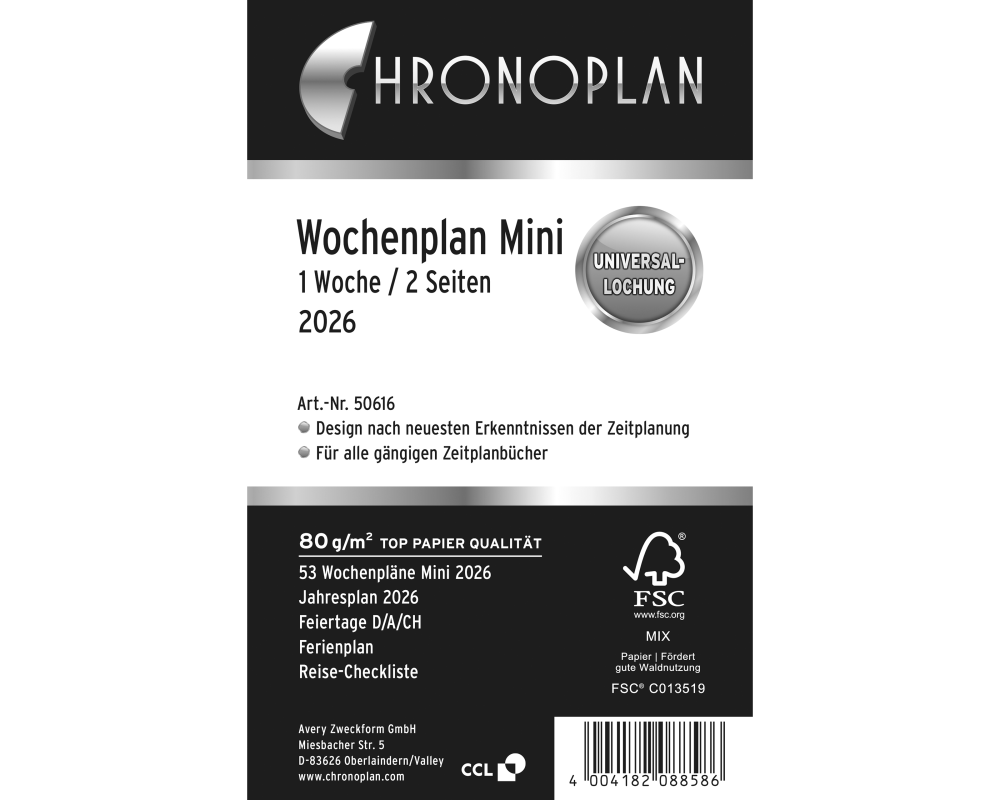 CHRONOPLAN Ersatz Wochenplan 2026 50616Z.26 1W/2S in Zeilen Mini