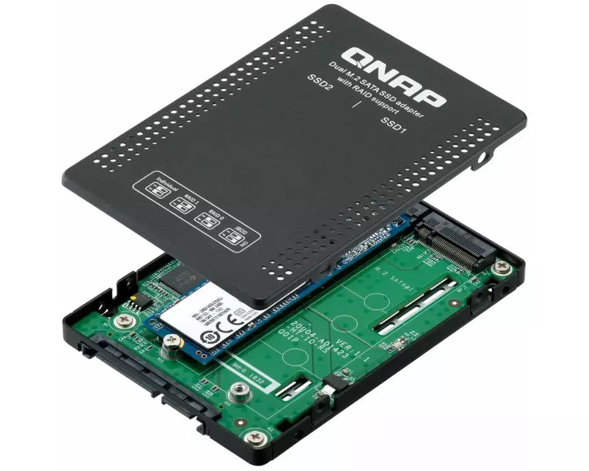 QNAP 2.5 inch SATA to dual M.2 2280 SATA, drive adapter, hardware RAID 0/1 JBOD, Individual disk modes