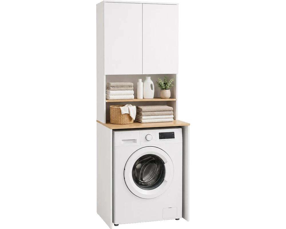 relaxdays Waschmaschinenüberbauregal 68 x 188.5 cm, Weiss/Braun