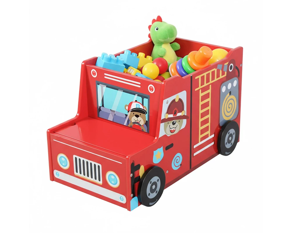 relaxdays Spielzeugkiste Feuerwehr, MDF, 34 x 60 x 32 cm, Rot