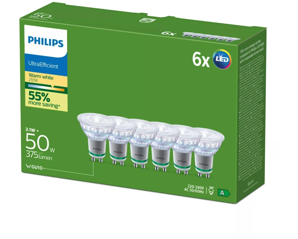 Philips LED GU10 Spots, 6er-Pack, 50 W, Warmweiss