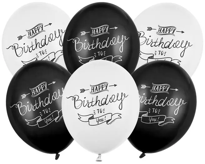 Partydeco Ballons Happy Birthday, 6er-Set Schwarz/Weiss, 30 cm