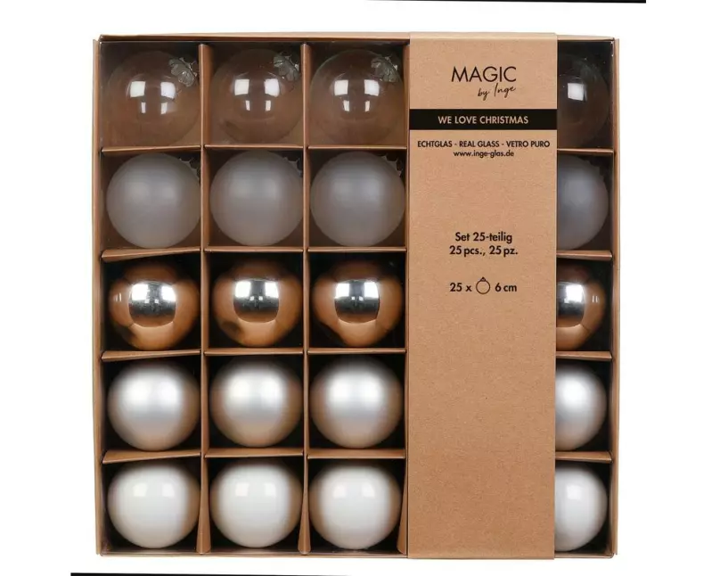 INGES CHRISTMAS DECOR Weihnachtskugel 6 cm Silber, 25 Stück