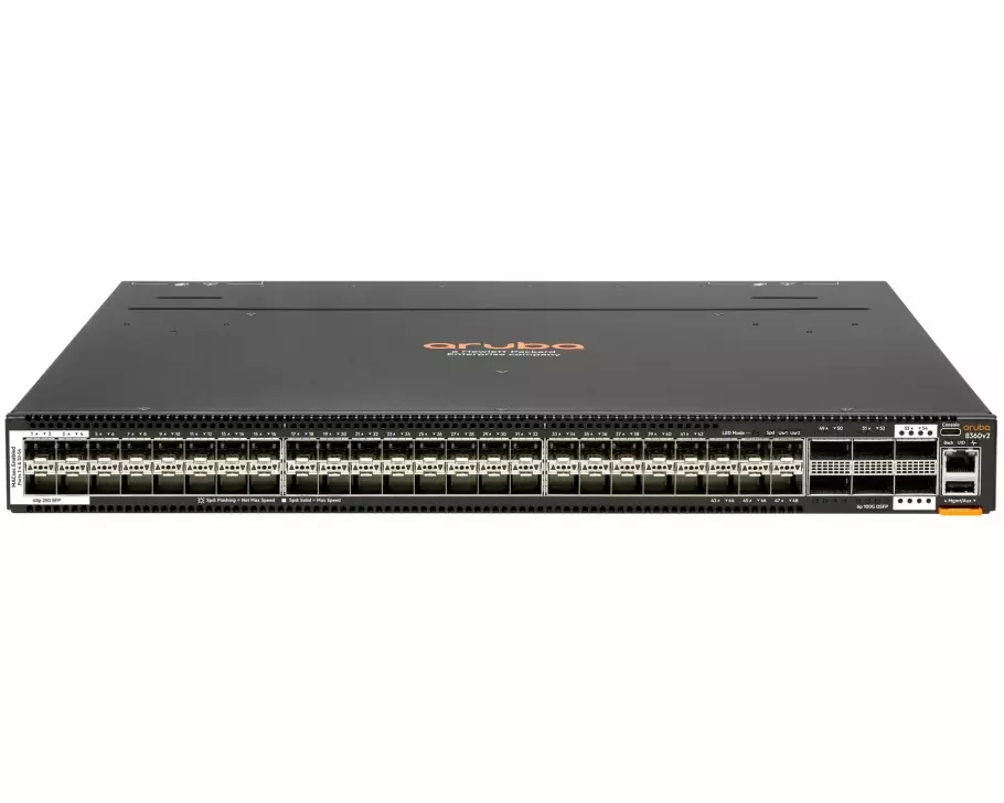 HPE Aruba 8360-48Y6C v2 Switch Bundle, 48x 25G SFP/+/28, 4x MACsec, 6x 100G QSFP+/28, 2x MACsec, Back to Front, 5x Fans, 2x PSU