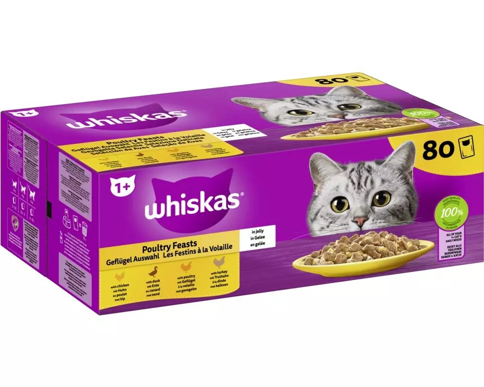 Whiskas 1+ Geflügel Auswahl 4 Varietäten in Gelee 80 x 85 g
