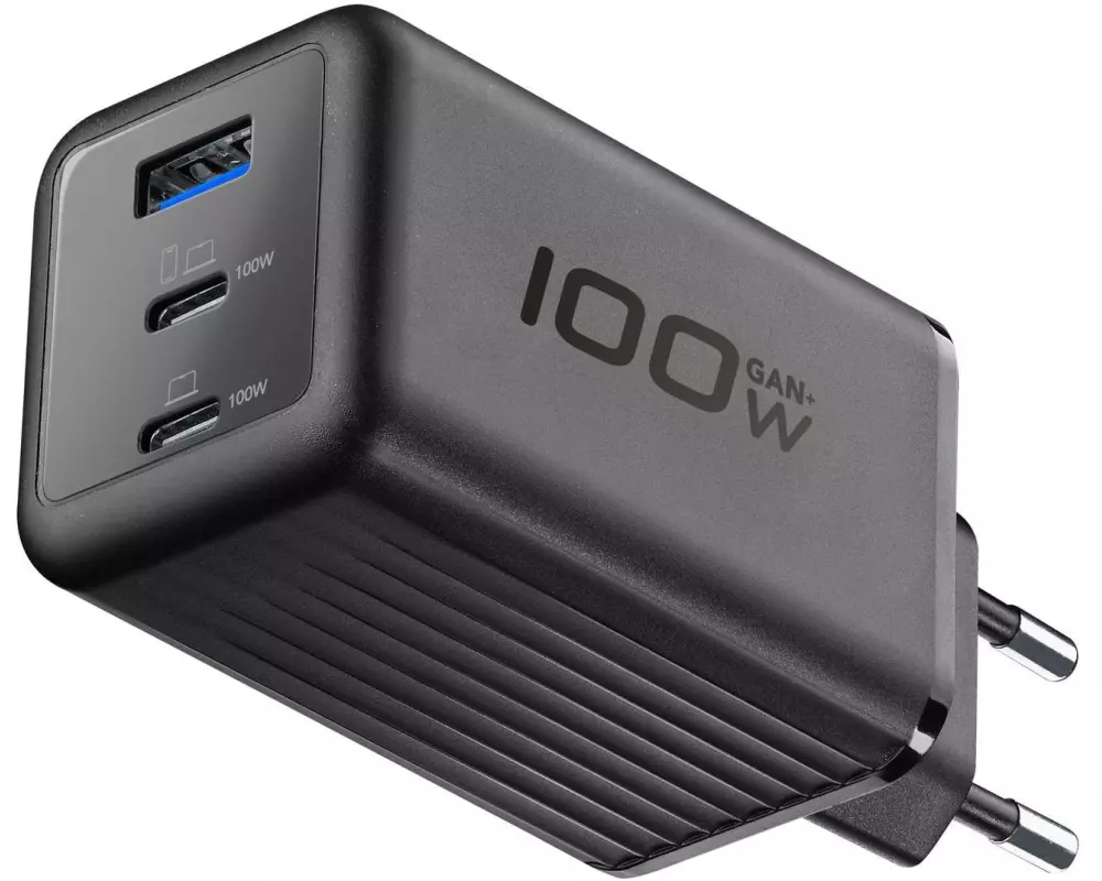 Cellular Line Netzteil GaN+, 100 W, 3 Anschlüsse, Schwarz