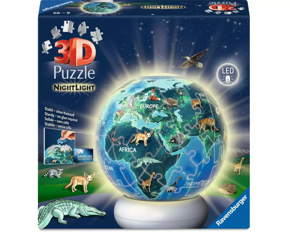 Ravensburger 3D Puzzle-Ball Nachtlicht Erde mit Tiermotiven