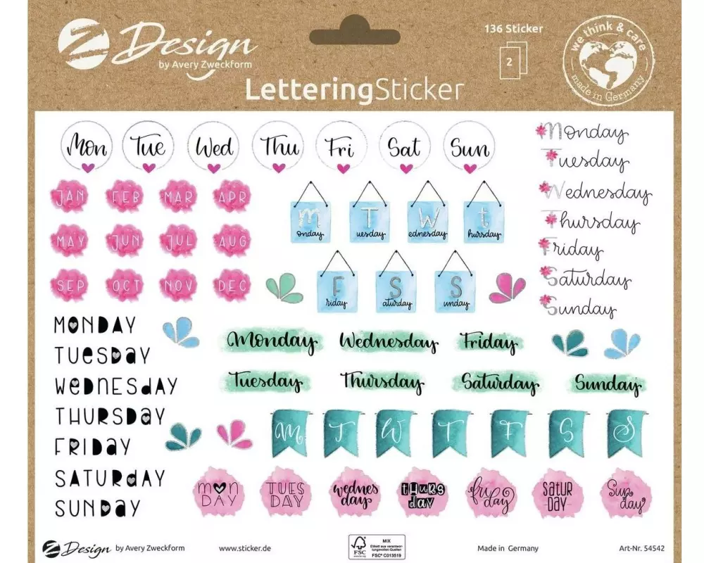 Z-Design Motivsticker A5 Lettering Tage & Monate, Bunt, 136 Aufkleber