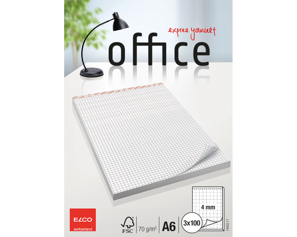 ELCO Notizblock kariert 4mm A6 74432.17 weiss, 70gm2 3x100 Blatt