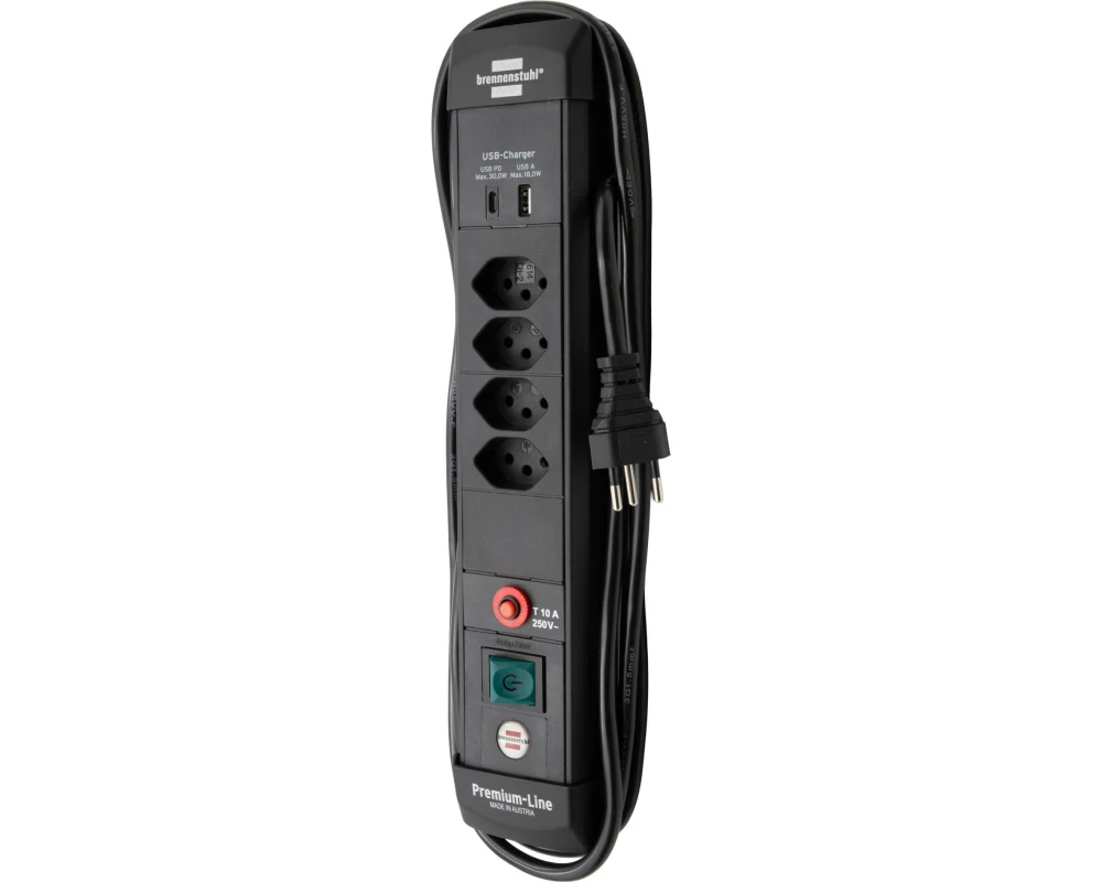 Brennenstuhl Premium-Line 4-fach USB-C PD 30W USB-A 18W Schwarz 3 m