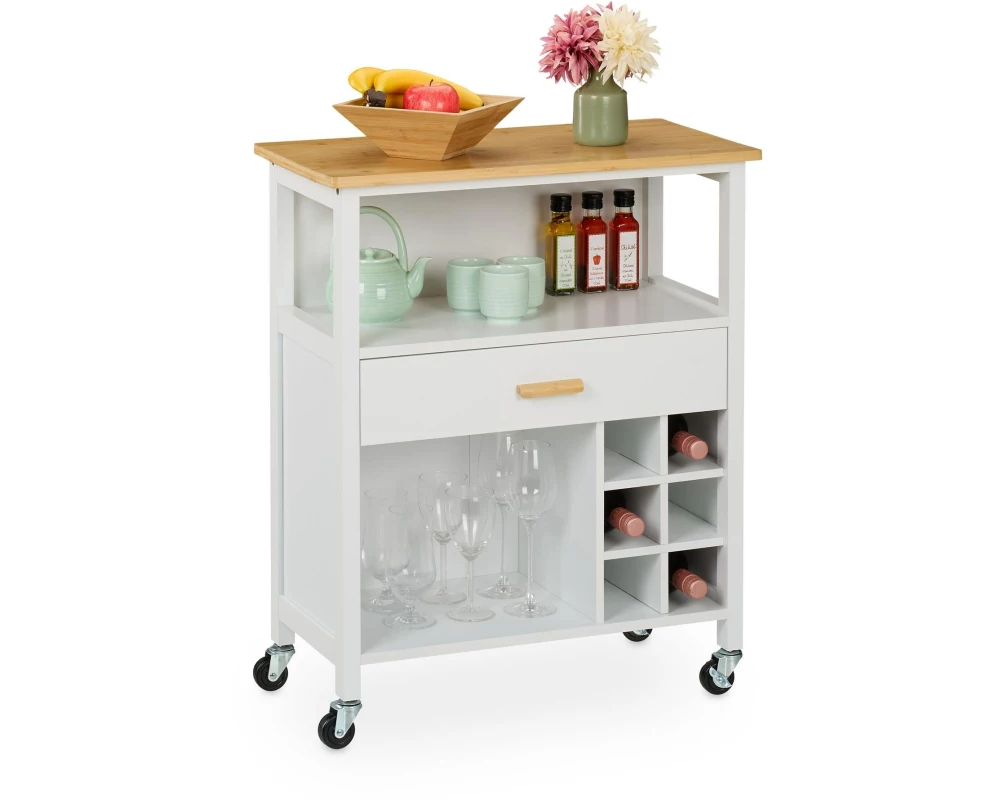 relaxdays Küchenwagen mit Weinregal 80 x 65 x 35 cm, Weiss