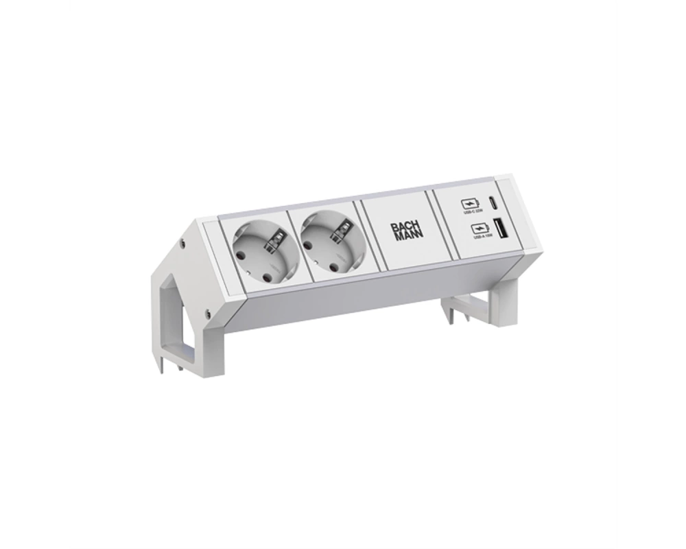 BACHMANN DESK2 ALU WHITE 2xCEE7/3 1xUSB A/C 22W 0,2m GST18