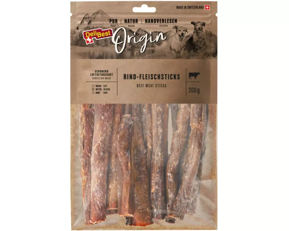 DeliBest Kausnack Origin Rind-Fleischsticks 200 g, Schweizer Fleisch