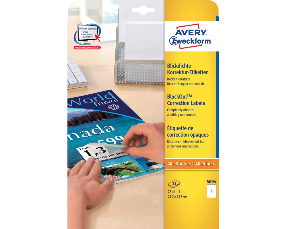 AVERY ZWECKFORM Korrektur-Etiketten 210×297mm 6094Z blickdicht 25 Stück