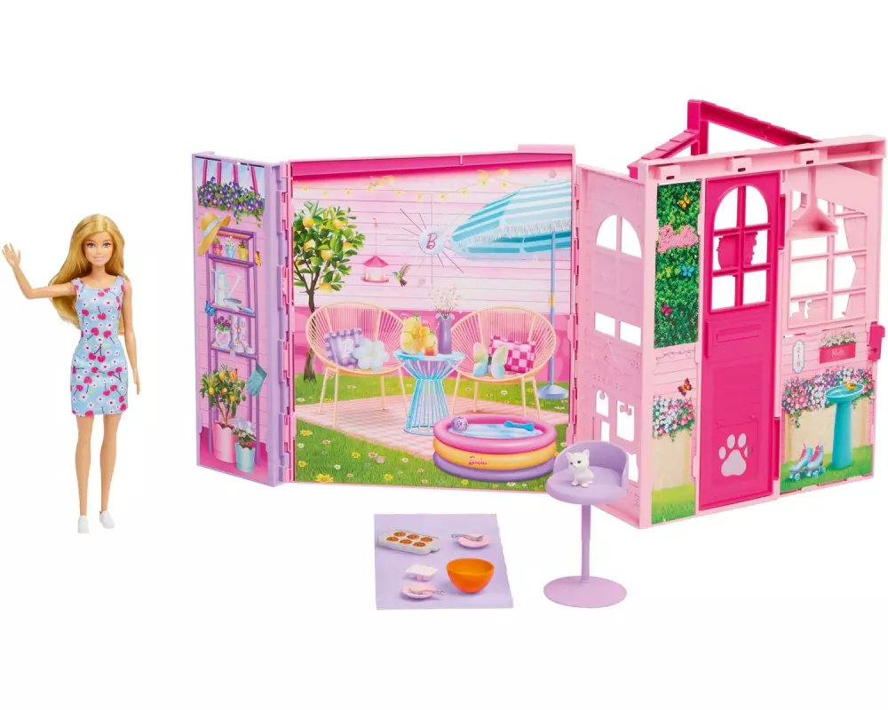 Barbie Barbie Wochenend-Haus mit Puppe, 30 cm, 4 Spielbereiche