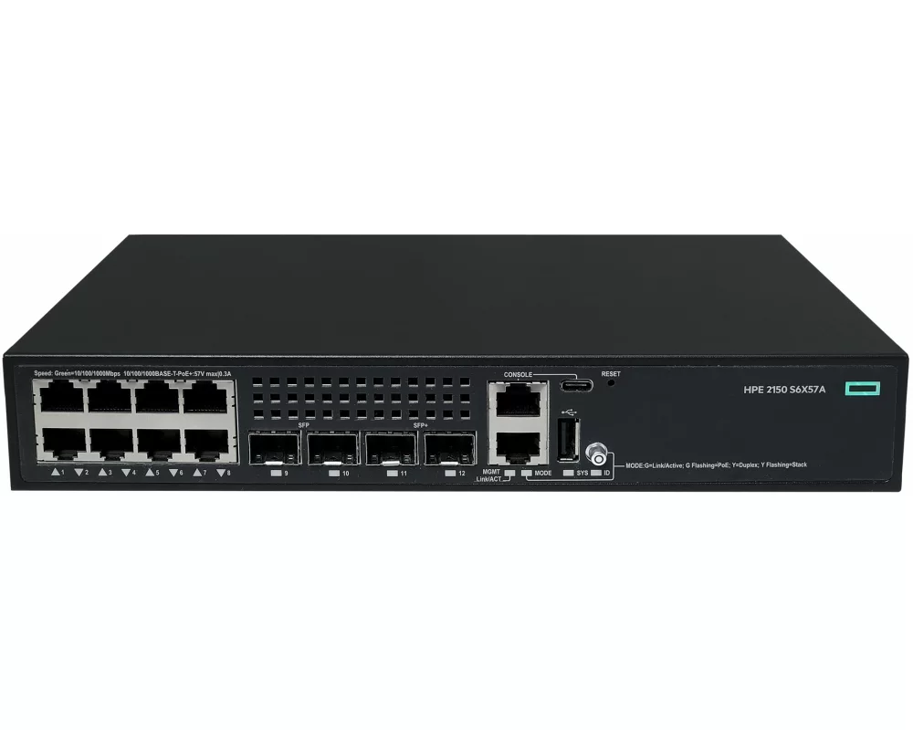 HPE Networking CW 2150 Switch, 8G, 2 SFP Ports, 2 SFP+ 10G Ports, PoE+ 125W, ACL, QoS, VLAN, Web GUI, CLI