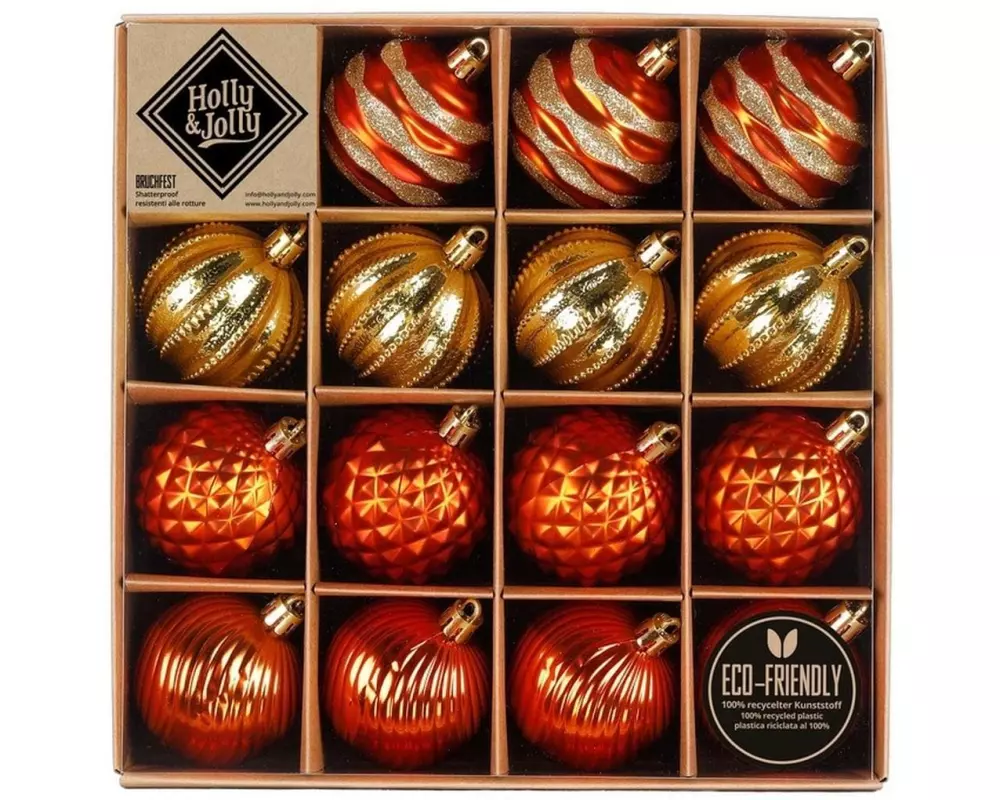 Holly & Jolly Weihnachtskugel Mix Orange 16 Stück, 6 cm