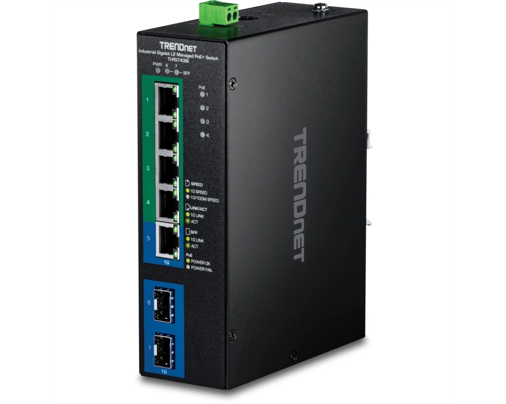 TRENDnet TI-PG743Bi 7-Port PoE+ Switch Industrial Gigabit L2 Managed DIN-Rail