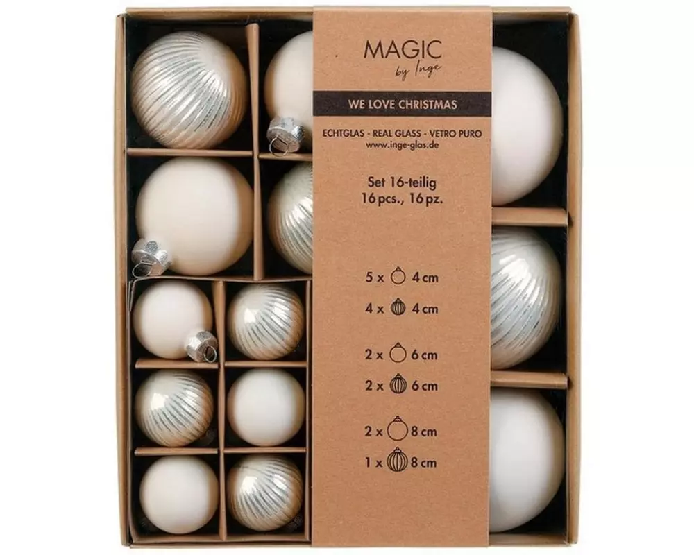 INGES CHRISTMAS DECOR Weihnachtskugel 4, 6 und 8 cm Alt Weiss, 16 Stück
