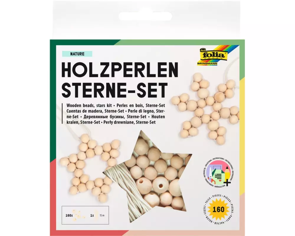 Folia Holzperlen Sterne Nature, 160-teilig