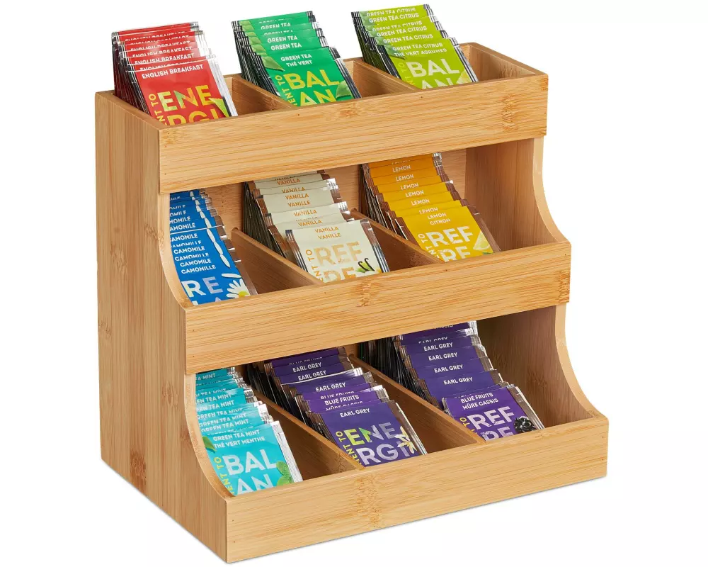 relaxdays Teebeutel-Box 9 Fächer, Hellbraun