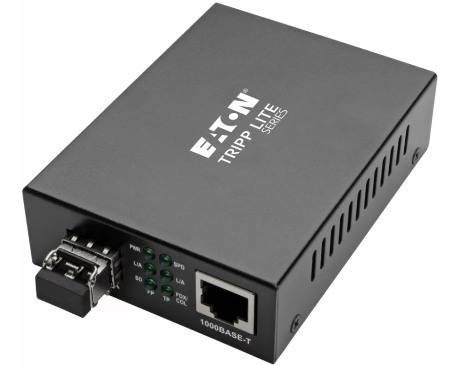 EATON TRIPPLITE Gigabit, Multimode, Fiber to Ethernet Media Conv, 10/100/1000, LC, International Power Supply, 850nm, 550m, 180m.